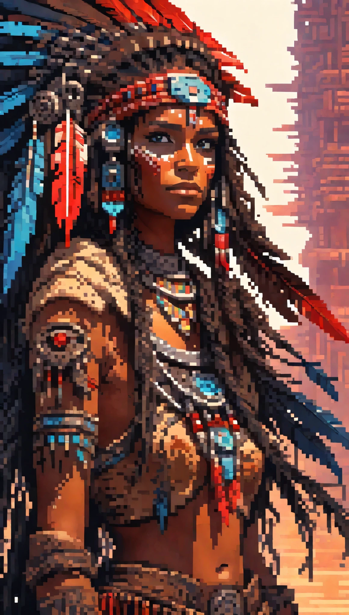 Pixel art of realistic photo of girl and her mech,  girl (native american) has long hair, dark skin, feathers, hair ornament, jewelry, necklace, tribal, headdress, armlet, facepaint, bracelet. mech is red and black colors, has guns, glowing blue eyes, is armored, realistic photo, full shot, low angle, raw photo, 8k,  imersive background, Pixel art