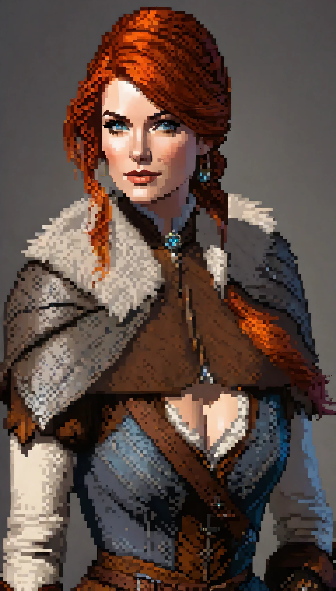 (masterpiece), (best quality), full shot, full body, realistic, cinematic light, (ohwx woman), Alexandra Breckenridge, Alexandra Breckenridge as Triss Merigold, big blue eyes, long, fluffy, golden chestnut hair, slim (22 inches at the waist), dress fastened at the neck to hide the scar (a reminder of the Battle of Sodden), very nice breasts, Thanks to her personal charm and attention to herself she is very alluring, raw photo, imersive background, witcher world, Pixel art