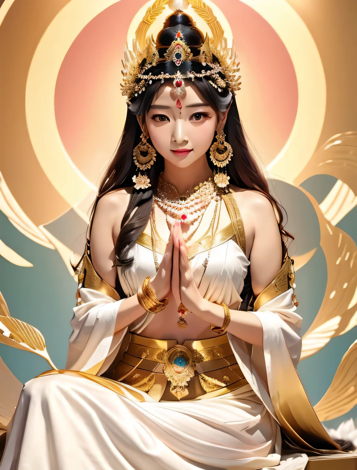 wearing a white dress，Arad woman with a golden headdress, head shines，hold a sword in hand，white skin is delicate，that&#39;It&#39;s like my whole body is sitting on a rock，The background is the forest of Iwayama Village..，beautiful fantasy empress, goddess. very detailed, Beautiful goddess, very detailedgoddessのショット, Beautiful goddessの肖像画, ((beautiful fantasy empress)), A stunning portrait of a goddess,, Young goddess, Beautiful Leo goddess, Female goddess