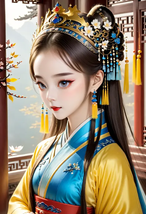 1 beautiful girl，Hanfu，Crown，