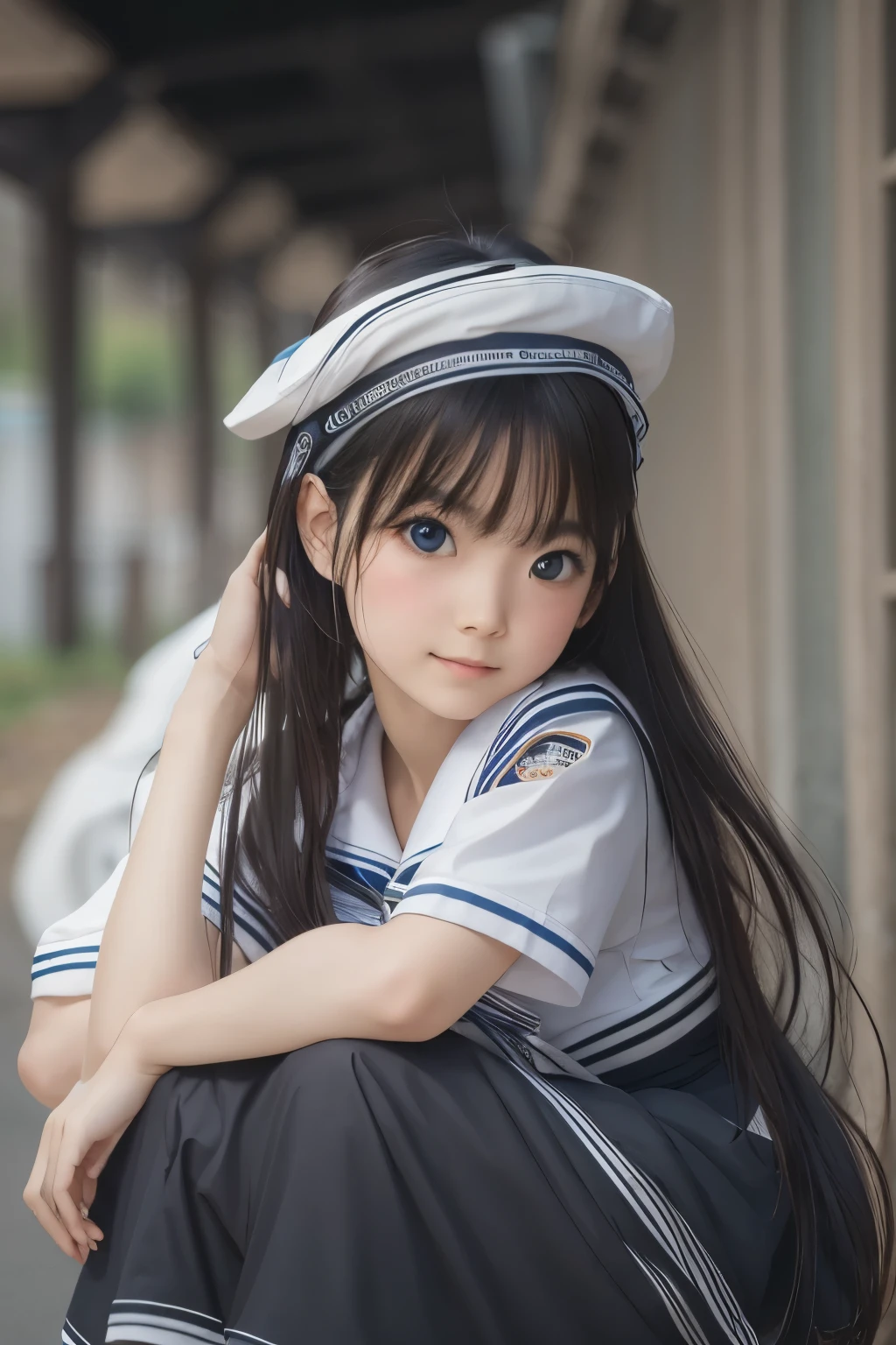 Best image quality, Focus, Soft light, Black hair, (Japanese)), (((Front, 18 years old))), (Depth of field), Ultra high resolution, (Real: 1.4), RAW photo, (( School Uniform, sailor suit))