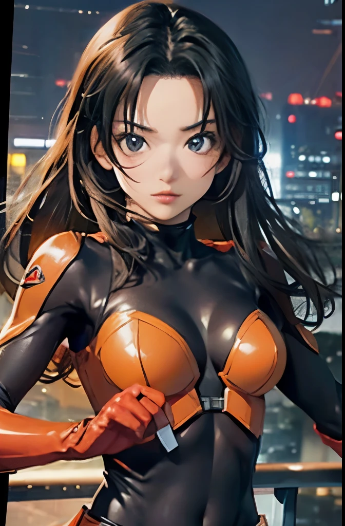 highest quality、special effects、Sentai Hero 1:5、slim body shape、black haired woman、sharp eyes、sentai hero suit（Orange and red）1:5、fighting pose、The background is buildings at night