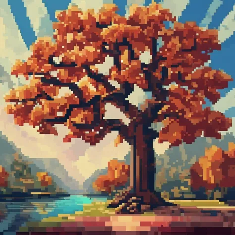 pixel art, pixel art maple tree, cubist painting, neo-cubism, layered overlapping geometry, art deco painting, dribbble, geometr...