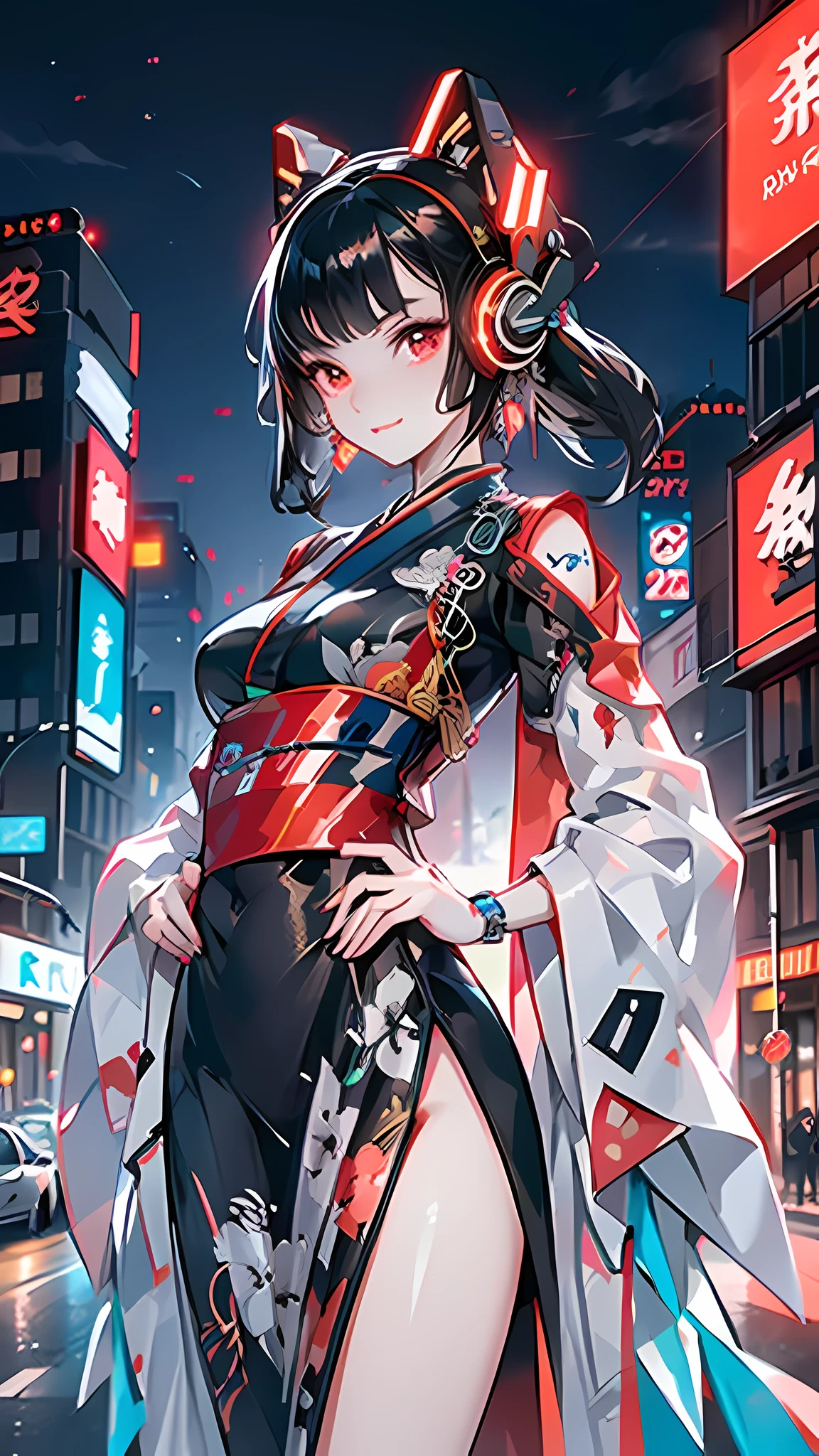 (masterpiece), best quality, expressive eyes, perfect face,1 girl, japanese clothes, liquid silver and red, kimono, cyberpunk city, dynamic pose, glowing headphones, glowing hair accessories, long hair, glowing earrings, glowing necklace, cyberpunk, high-tech city, full of mechanical and futuristic elements, futuristic, technology, glowing neon, red, red light, transparent tulle, transparent streamers, laser, digital background urban sky, big moon, with vehicles, best quality, masterpiece, 8K, character edge light, Super high detail, high quality, the most beautiful woman in human beings, smiling slightly, face facing front and left and right symmetry, ear decoration, beautiful pupil light effects, visual data, (black hair), hair is not messy, long hair over the waist, luminous electronic watch, deep eyes, happy, English doodling