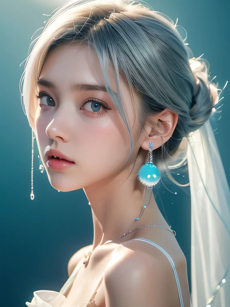 (masterpiece, highest quality:1.2), 8K, 85mm, Raw photo, confused, white and cyan theme, (liquid clothes, liquid dress:1.4), gray hair, gradient dress, delicate girl, Upper body, close your face, shiny skin, teen, looking at the viewer, HDR, sharp focus, particle, dusk sky, shiny skin, small eyes and face, colorful background, simple background、earrings、necklace、clavicle、shortcut、silver hair、underwater world、