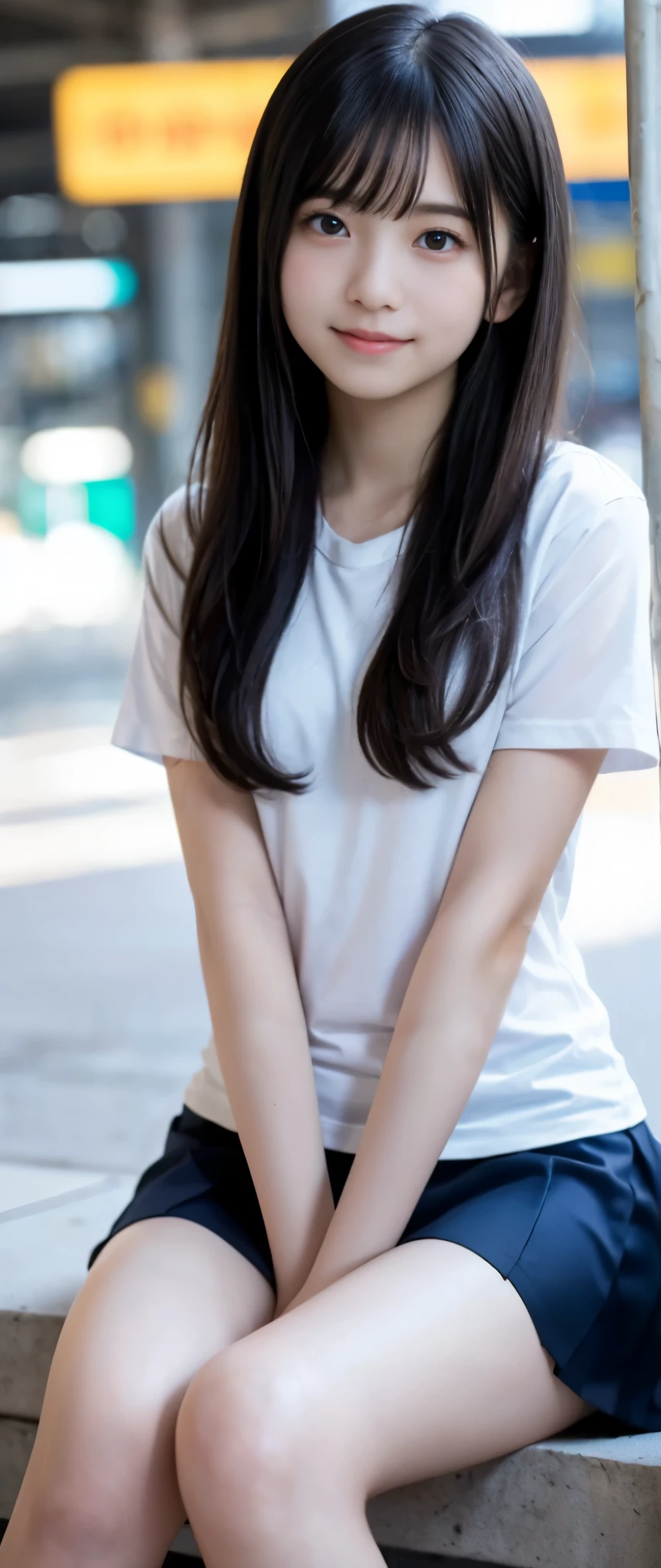 A close up of a woman sitting on a bench with a white shirt - SeaArt AI