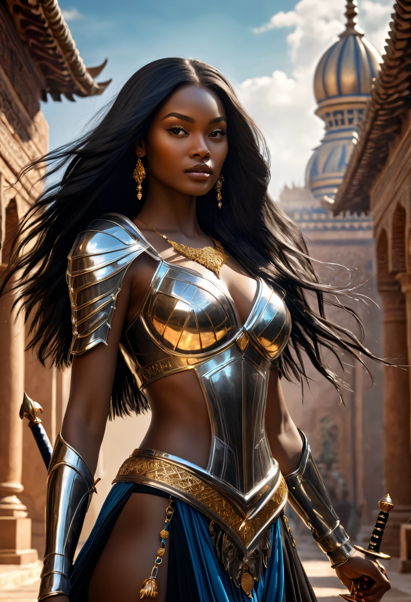 Novel in futurist kingdom of Mali, a beautiful young darkskin couple with (((a long black hair young princess))) with (((a young imperial prince with long black hair))), fighting with swords and lances, (((very beautiful))), perfect faces, whole body, romantic scene, romantic Way, sexy couple, 8K, extremely detailed, (high quality, realistic, photorealistic: 1.37), Full body, ideal proportions and defined complexion, meticulously crafted features, unreachable beauty, perfection, artistic masterpieces, vivid realism, hyper-detailed sculptures, life-like forms, truly awe-inspiring, impeccable craftsmanship, pure radiance, ethereal beauty, delicate contours, striking poses, sublime beauty, subtle nuances, dynamic compositions, vibrant colors, perfect lighting, soulful expressions, celestial aura, majestic presence, dreamlike atmosphere, unmatched gdetailed octane render trending on artstation, 8 k artistic photography, photorealistic concept art, soft natural volumetric cinematic perfect light, chiaroscuro, award - winning photograph, masterpiece, oil on canvas, beautiful detailed intricate insanely