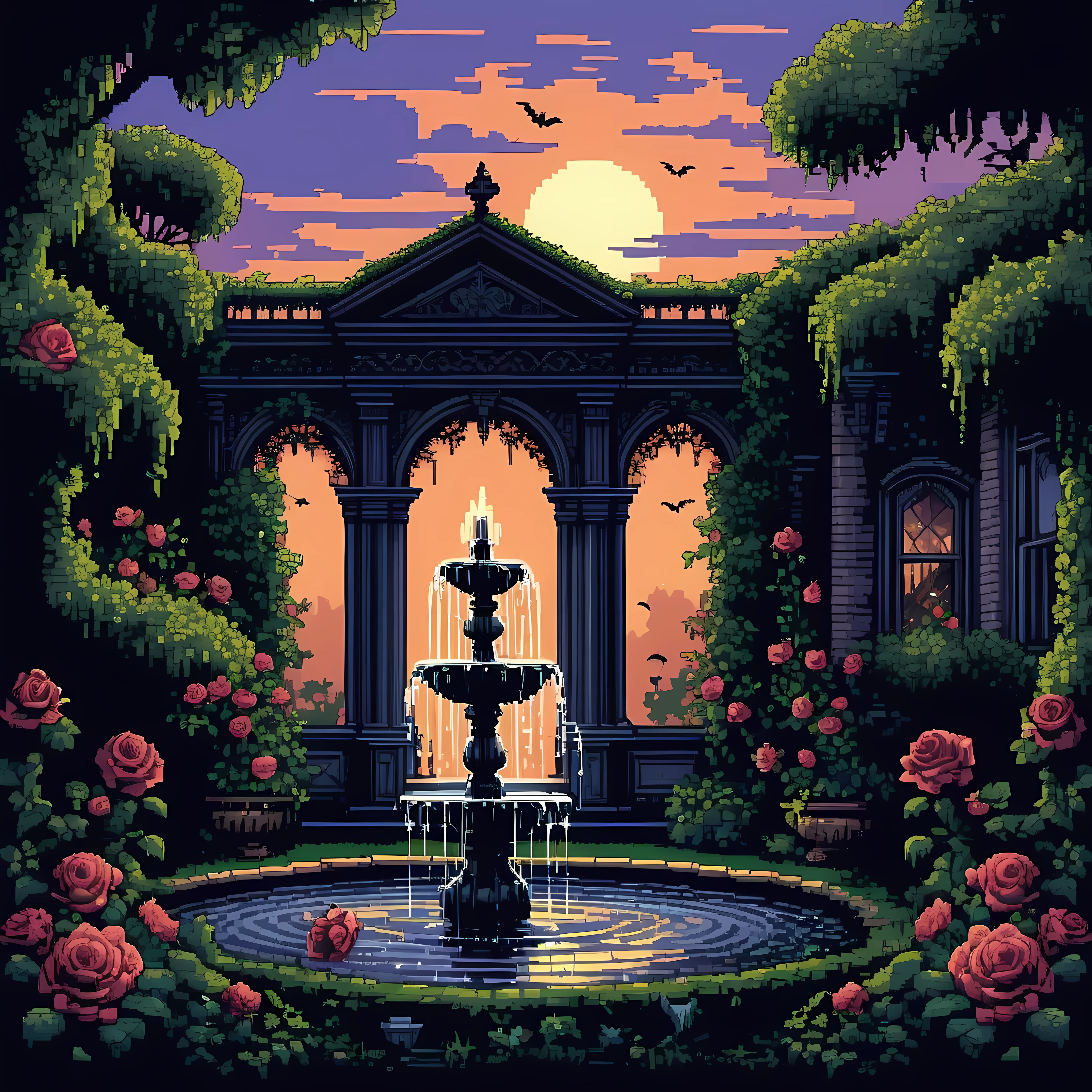 Illustration mignonne de pixel art, Chef-d&#39;œuvre en résolution maximale de 16K, Superbe qualité, visualiser un jardin crépusculaire obsédant dans un cadre décrépit (Manoir victorien) pendant un été étouffant, où des roses sombres et veloutées, lierre tordu, le finement sculpté qui coule doucement (grande fontaine), d&#39;étranges chauves-souris voltigent dans le ciel sombre, ajoutant un charme mystérieux et gothique à l&#39;ambiance chaleureuse de l&#39;été. | ((Plus_détail))
