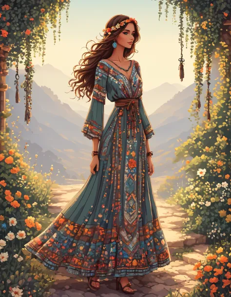 in style of Pixel art, a dress, full body, beautiful detailed，in style of Boho fashion design ,