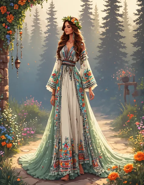 in style of Pixel art, a dress, full body, beautiful detailed，in style of Boho fashion design ,