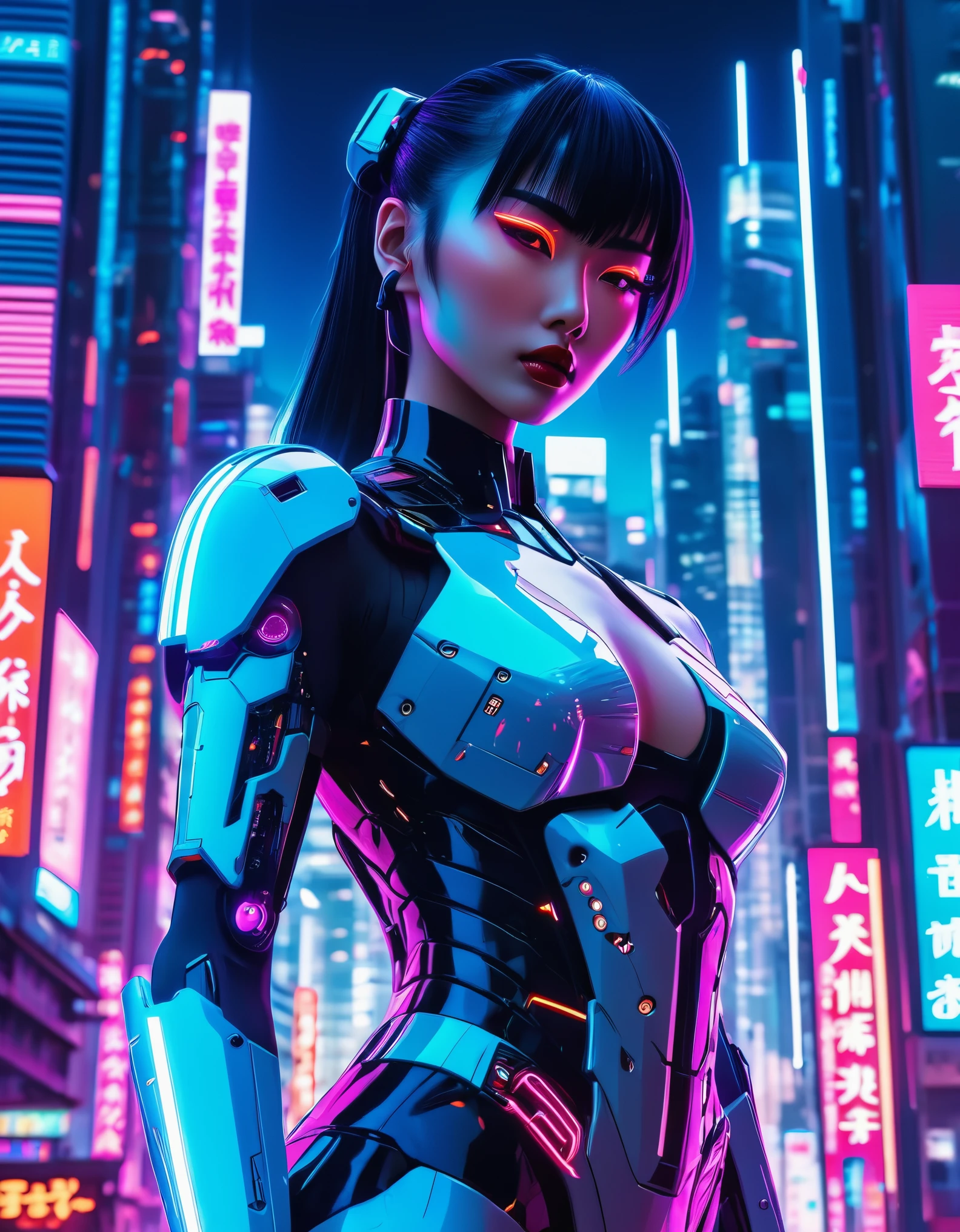 Eine futuristische Femme Fatale mit kybernetischen Verbesserungen und neonbeleuchteten Augen, vor dem Hintergrund hoch aufragender Wolkenkratzer und flackernder Hologramme. Im Stil japanischer Mangas gerendert, Ihre Form ist glatt und stilisiert, mit dynamischen Posen und übertriebenen Merkmalen, die die Energie des Cyberpunk-Genres einfangen.