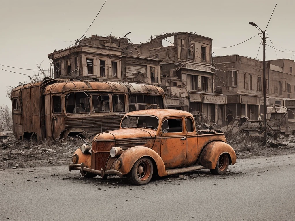 outdoors, minimalistic coloring page for kids with thick crisp outlines 1.25 colorful photo, a hot rod is driving along a city road, in the style of postapocalyptic backdrops, dimitry roulland, rusty debris, classical, historical genre scenes, light red and amber, konica auto s3, explosive wildlife 1