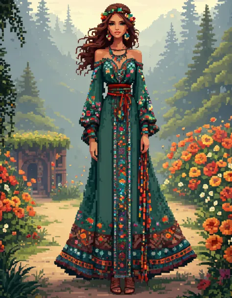 in style of Pixel art, a dress, full body, beautiful detailed，in style of Boho fashion design ,