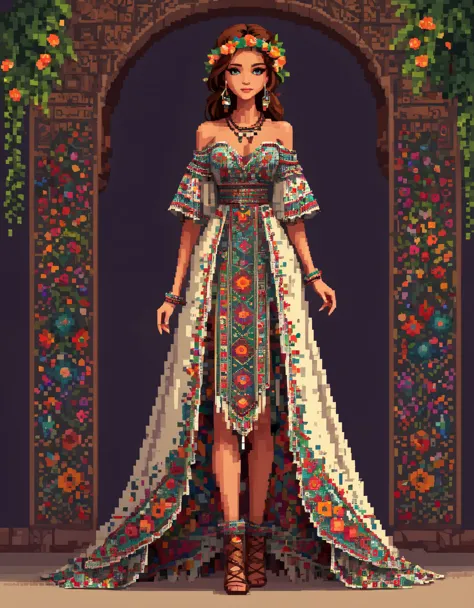 in style of pixel art, a dress, full body, beautiful detailed，in style of boho fashion design ,