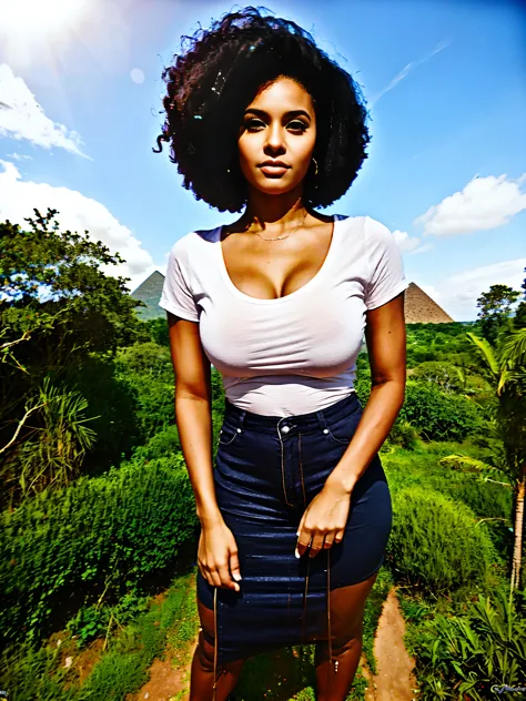 Very tall light skin Dominican woman with Afro puffs standing next to a pyramid  in a jungle 