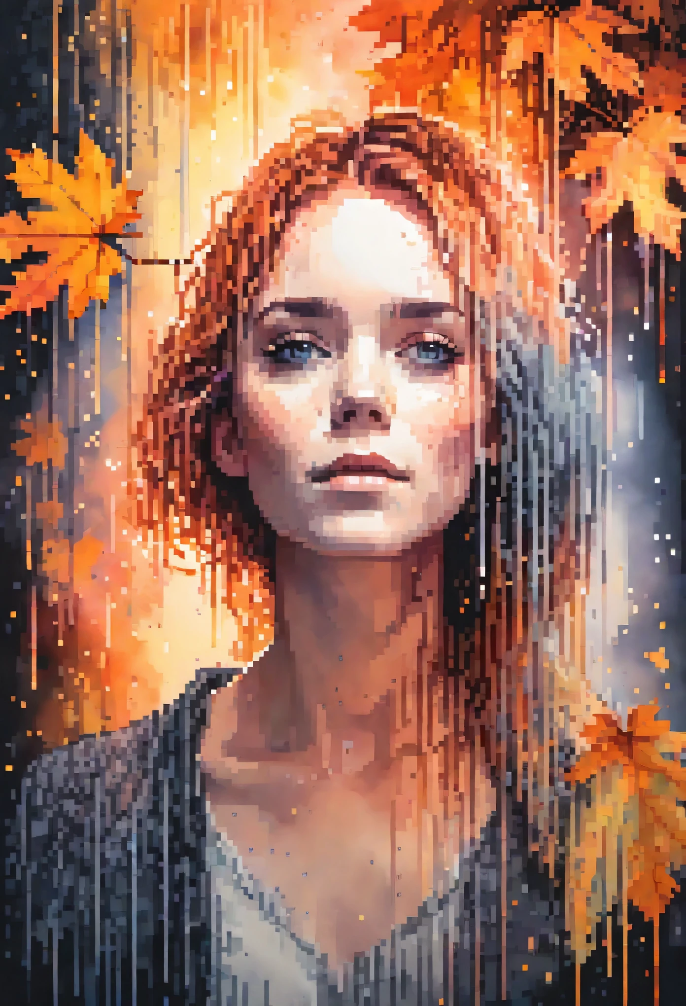 Pixel art, woman with agnes cecile, glowing design, pastel colors, ink drops, autumn lights, pixel art