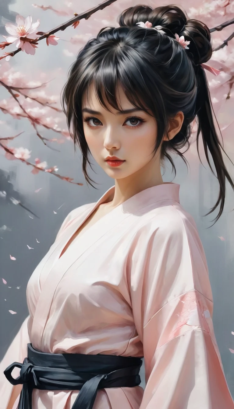 ((full body):1.2), smooth lines; Express expressions and postures through ink contrast, The background is a sakura garden. emphasize light, shadow and space. Drawing of Female Samurai, Supermodel Japanese Beauty. Black hair, (messy bangs hairstyle), ((maiden)), golden ratio face, perfect face, (attractive body), (fashion model body), ((wearing samurai robe):1.1), ((samurai battle stance):1.1), ((a Wakizashi dagger):1.1), fine art piece, figurative art, Dress neatly. sexy painting, Wallop | (best quality, 4K, 8k, high resolution,masterpiece:1.2), Super detailed,(actual, photoactual, photo-actual:1.37).