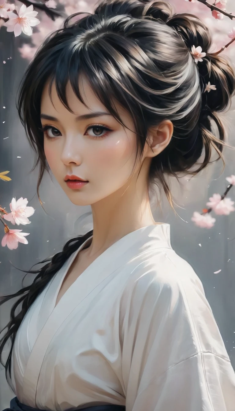 ((full body):1.2), smooth lines; Express expressions and postures through ink contrast, The background is a sakura garden. emphasize light, shadow and space. Drawing of Female Samurai, Supermodel Japanese Beauty. Black hair, (messy bangs hairstyle), ((maiden)), golden ratio face, perfect face, (attractive body), (fashion model body), ((wearing samurai robe):1.1), ((samurai battle stance):1.1), ((a Wakizashi dagger):1.1), fine art piece, figurative art, Dress neatly. sexy painting, Wallop | (best quality, 4K, 8k, high resolution,masterpiece:1.2), Super detailed,(actual, photoactual, photo-actual:1.37).