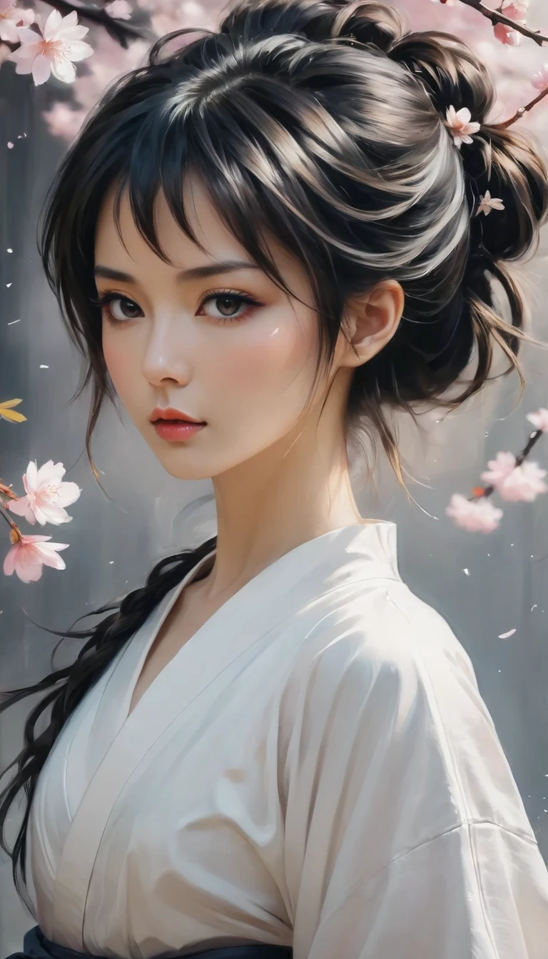 ((corpo todo):1.2), linhas suaves; Expresse expressões e posturas através do contraste da tinta, O fundo é um jardim de sakura. enfatizar a luz, sombra e espaço. Desenho de Samurai Feminino, Supermodelo Beleza Japonesa. Cabelo preto, (penteado com franja bagunçada), ((Donzela)), rosto de proporção áurea, rosto perfeito, (corpo atraente), (corpo modelo de moda), ((vestindo manto de samurai):1.1), ((postura de batalha do samurai):1.1), ((uma adaga Wakizashi):1.1), peça de arte, arte figurativa, Vestir-se perfeitamente. pintura sexy, Wallop | (melhor qualidade, 4K, 8K, alta resolução,Obra de arte:1.2), Super detalhado,(real, photoreal, photo-real:1.37).