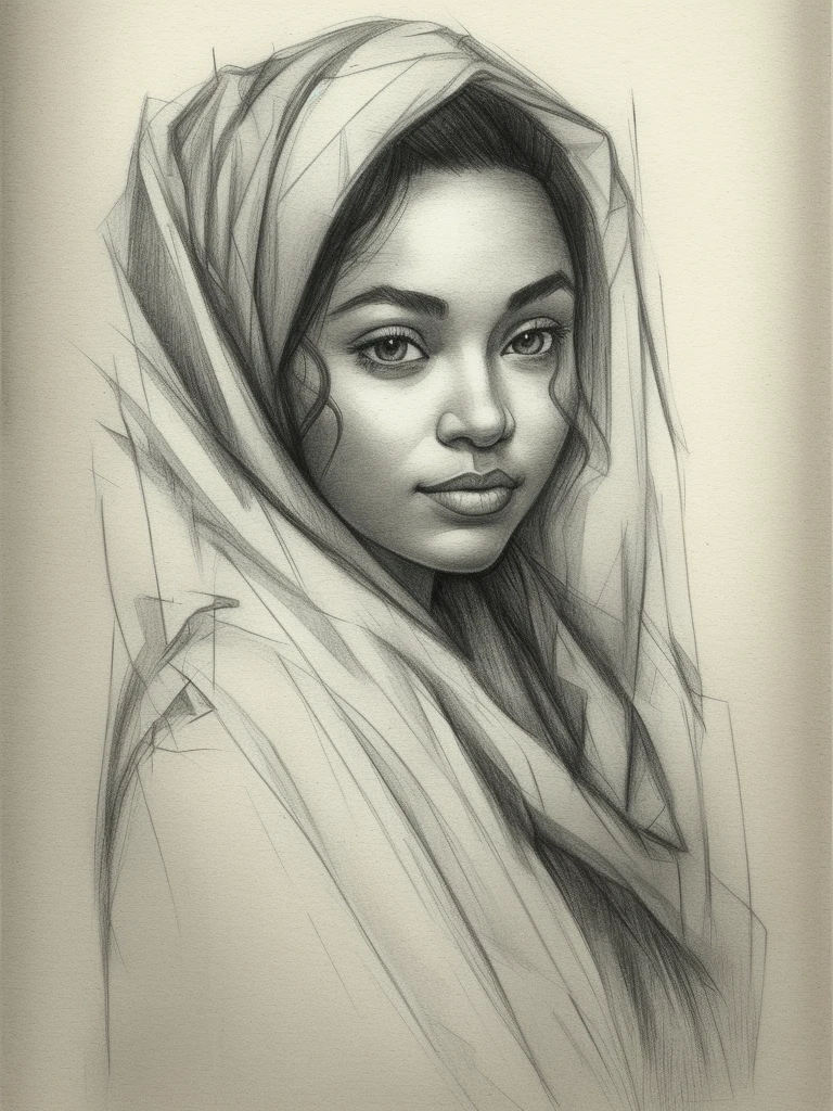 drawing of a woman, realistic sketch, hyperrealistic sketch, detailed pencil sketch, pencil sketch, realistic digital drawing, detailed sketch drawing, highly detailed portrait, detailed 4 k drawing, pencil draw, highly detailed sketch, realistic drawing, extremely detailed portrait, detailed but rough, pencil drawing illustration, realism drawing, detailed sketch, sketch art,((high quality, masterpiece:1.4)), 1girl, ((upper body)), portrait sketch, messy drawing, messy charcoal spots, unfinished sketch, sketchbook charcoal style drawing of a woman, sketchbook drawing, sketchbook, beautiful hair, medium short hair, beautiful face, symmetrical face, symmetrical eyes, ((paper material background)), realistic charcoal lines, imperfect drawing, charcoal crumbs, charcoal lines, imperfections, african american woman wearing an ornated veil, muslim, realistic