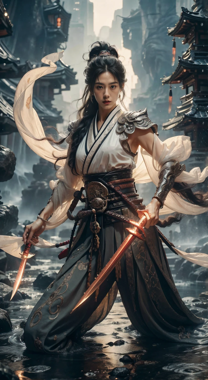 1girl,most beautiful, Sweet, elegant ,full body ,large breasts ,The background is rainy day,cityscape,1 girl, beautiful girl, beautiful face, Female Samurai, supermodels, Holding a Japanese Sword, shining bracelet, beautiful hanfu (red, transparent),cape, solo, {beautiful and detailed eyes}, calm expression, natural and soft light, delicate facial features, very small earringodel pose)), Glamor body type, (Black neon hair:1.2), beehive, long ponytail, very_long_hair, hair past hip, curly hair, flim grain, realhands, masterpiece, Best Quality, photorealistic, ultra-detailed, finely detailed, high resolution, perfect dynamic composition, beautiful detailed eyes, eye smile, ((nervous and embarrassed)), sharp-focus, full_body, sexy pose, cowboy_shot, Samurai girl, glowing forehead, lighting, Japanese Samurai Sword (Katana)