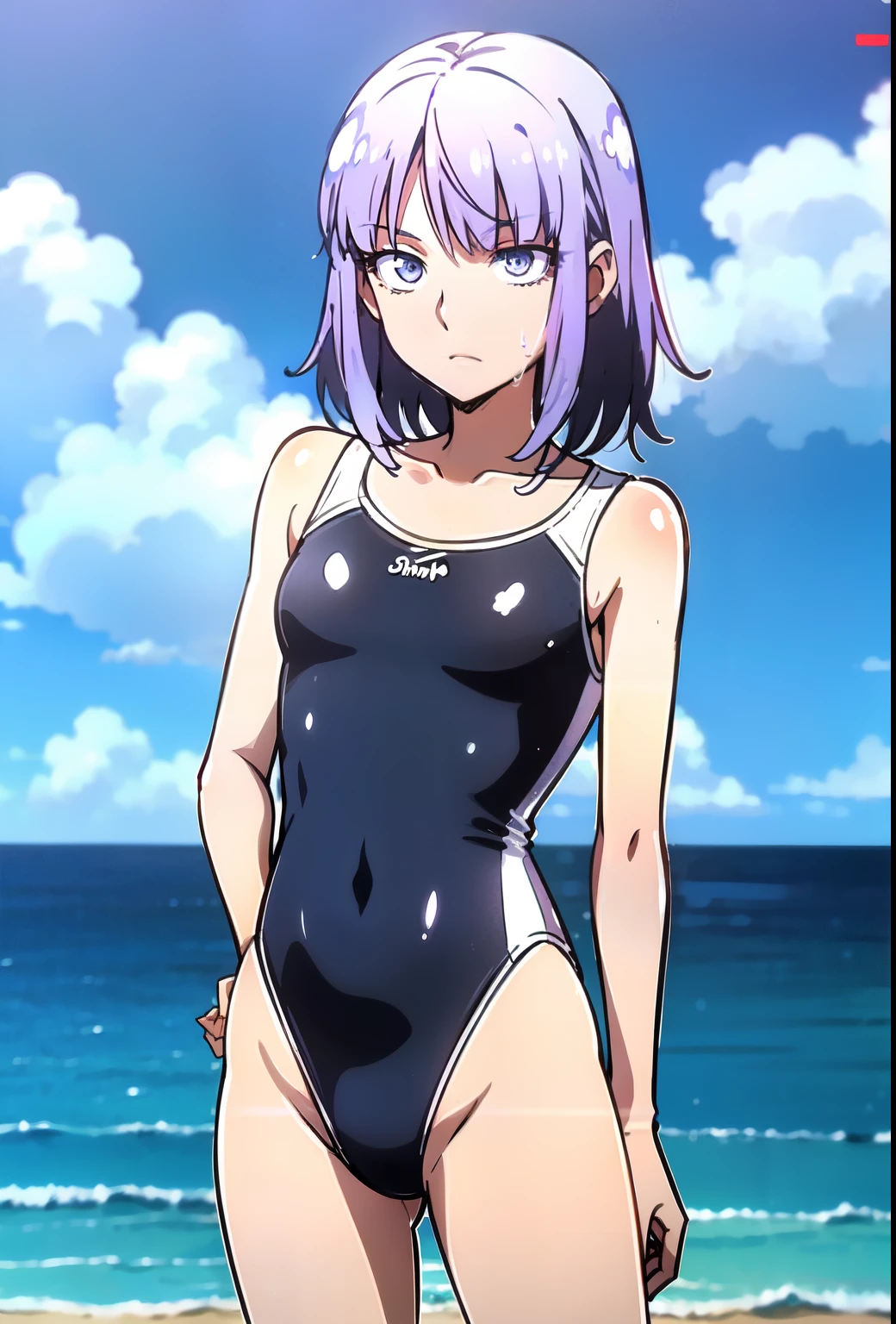 anime white piping and navyblue swimsuit on the beach waving