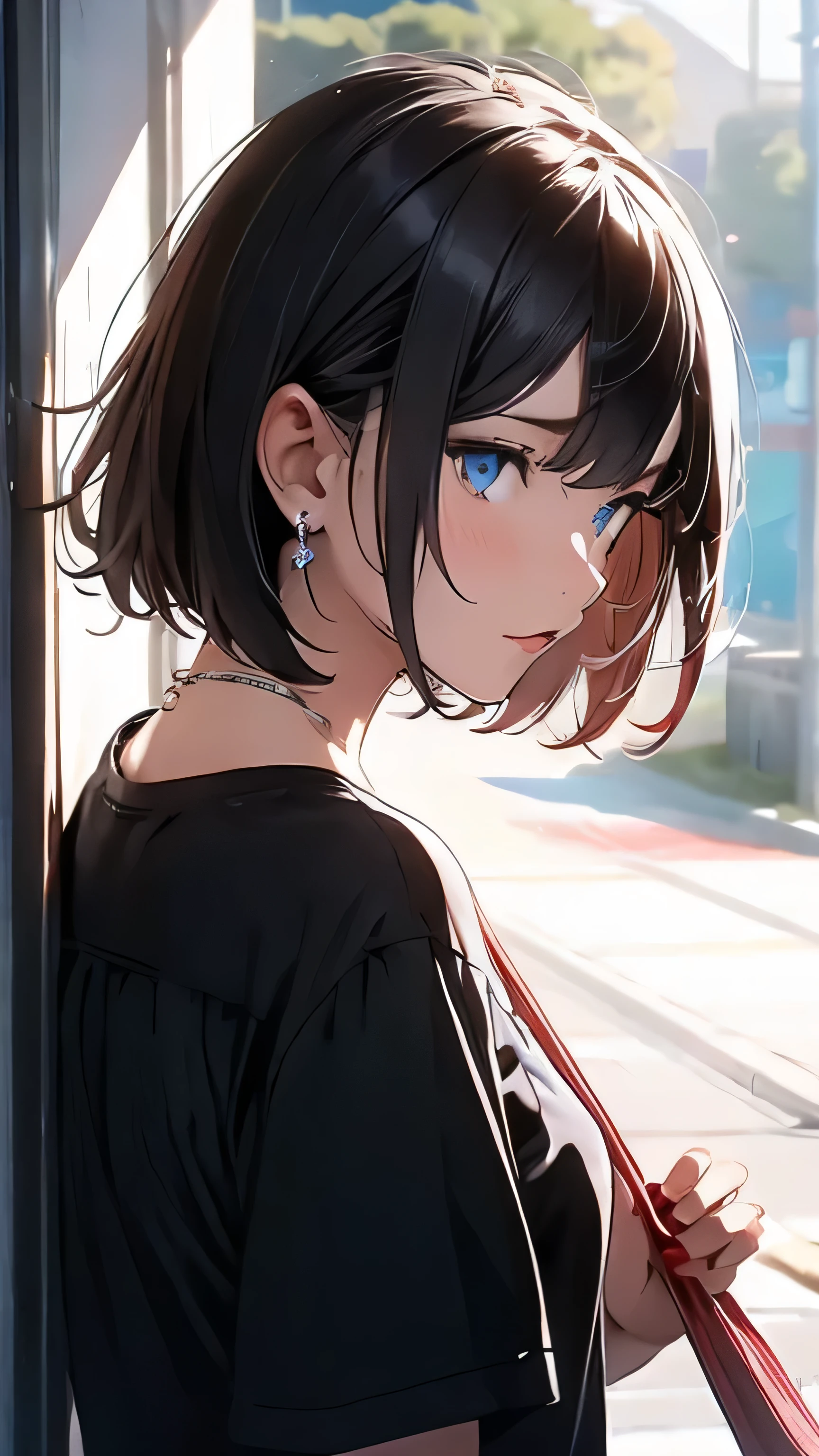 animeスタイル, film portrait photography, ((open your arms)), woman, blue eyes, black hair, short bob hair, wearing a black T-shirt, Are standing, (front:1.2), anime, Moe art style, 8K,