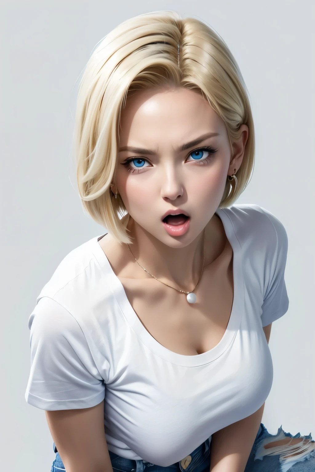 sexaroid,Android18,blonde short hair,ring earrings,light blue eyes,cool beauty,squat down on your knees,(turn one&#39;s face up),narrow your eyes,(open your mouth:1.5),turn to the viewer,(((look directly above the face))),(((White short-sleeved T-shirt,skinny denim))),pearl necklace,blank background,close up of face、