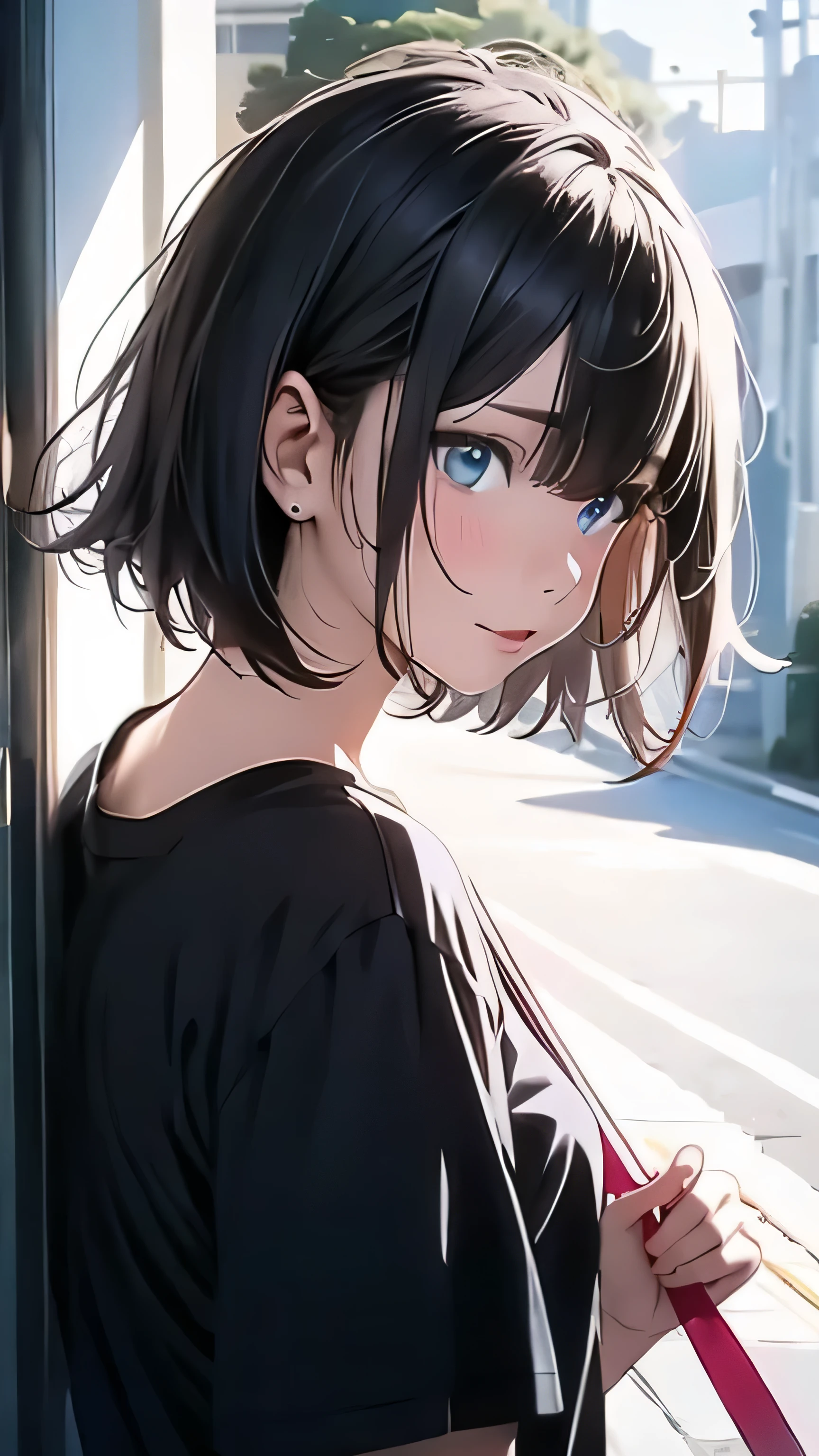 Anime-Serieスタイル, Filmporträtfotografie, ((Öffne deine Arme)), Frau, blaue Augen, schwarzes Haar, Kurzes Bob-Haar, trägt ein schwarzes T-Shirt, Stehen, (Vorderseite:1.2), Anime-Serie, Moe-Kunststil, 8K,