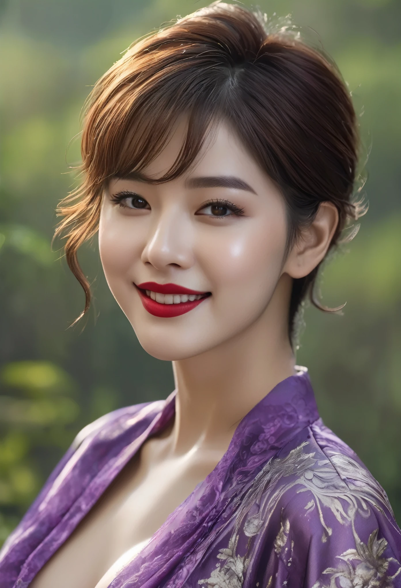 (A hyper-realistic), (hight resolution), (8K), (ighly detailed), (The best illustrations), (Beautiful detailed eyeoist and glowing eyes), (top-quality), (ultra-detailliert), (​masterpiece), (wall-paper), (Detailed face), (beautiful smiling face)、(Beautiful expression)、solo、Standing figure、(((Hands behind the body))),(((cowboy shot)))、(((((Tiny purple bra)))))、(((((Tiny purple panties)))))、((Baby face))、(((G Cup Big!!!)))、((huge-breasted))、(((Huge chest on the verge of bursting!!!)))、Cleavage of, chubby figure、gravure model、Anguished poses、Sexy look seducing a man、(R-18), Looking at the camera、Short-cut hairstyles、lightbrown hair、heavy make up、((Glamorous body))、(Bright red lipstick)