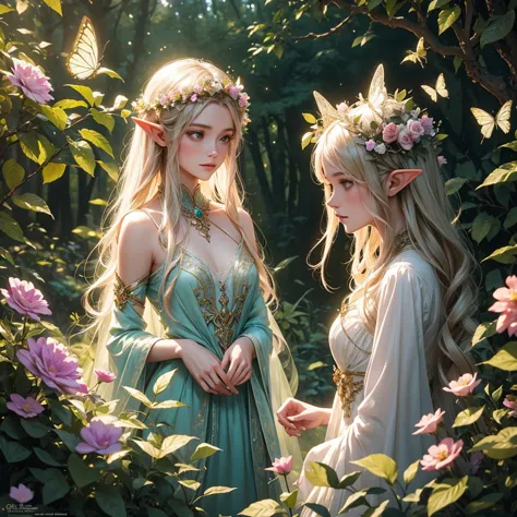 A female elf in a magical forest, enchanting eyes, delicate facial features, long and pointed ears, flowing and ethereal dress, ...