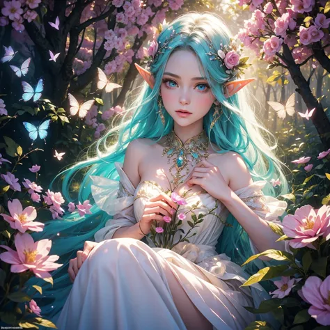 A female elf in a magical forest, enchanting eyes, delicate facial features, long and pointed ears, flowing and ethereal dress, ...