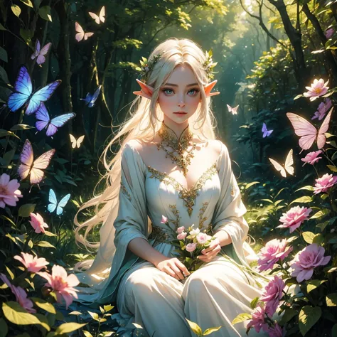 A female elf in a magical forest, enchanting eyes, delicate facial features, long and pointed ears, flowing and ethereal dress, ...