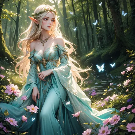 A female elf in a magical forest, enchanting eyes, delicate facial features, long and pointed ears, flowing and ethereal dress, ...