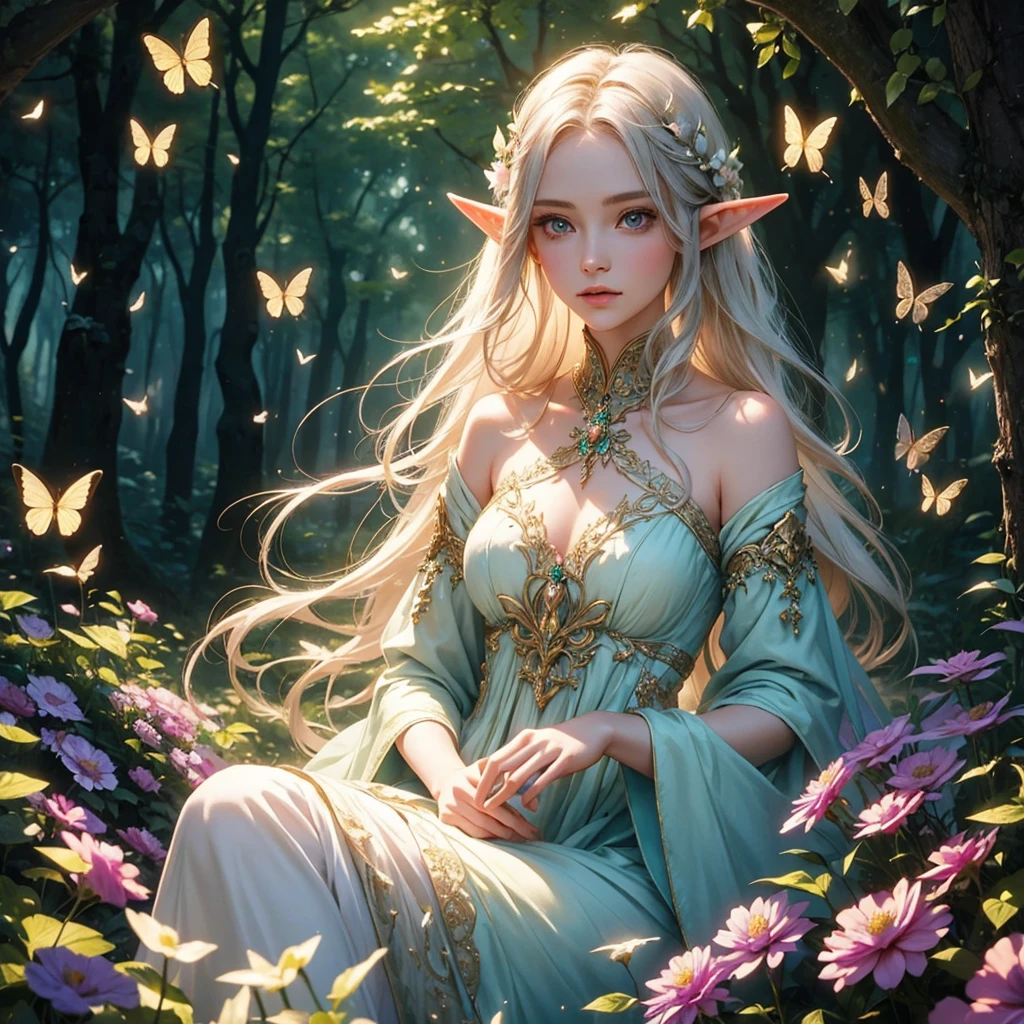 A female elf in a magical forest, enchanting eyes, delicate facial features, long and pointed ears, flowing and ethereal dress, graceful posture, surrounded by vibrant flowers and sparkling butterflies, surreal lighting and colors, dreamlike and whimsical atmosphere, photorealistic rendering, high-resolution masterpiece:1.2, mystical and enchanting portrait, fantasy style, soft and pastel color palette, gentle and warm lighting.