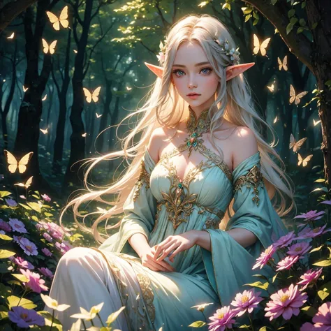 A female elf in a magical forest, enchanting eyes, delicate facial features, long and pointed ears, flowing and ethereal dress, ...
