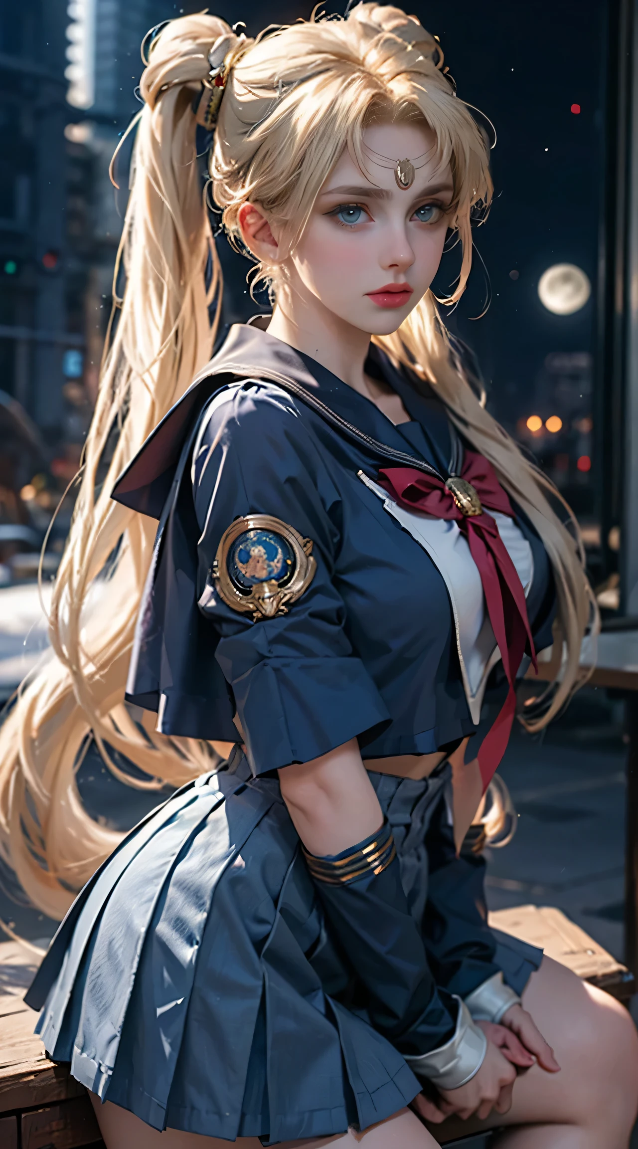 ((masterpiece)), (best quality), (Super details), ((Very detailed)), 4K, (8k), Sailor Moon, Long blonde, double ponytail, Mariner Moon, dream core, coated school shirt,  big breasts