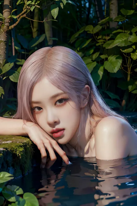 Rose from blackpink, pink hair, (full body), wearing medieval long clothes, sitting on a rock, feet in the water, Drenched hair, The background is a forest, sunset, (masterpiece, best quality, award winning, highres), skinny, intricate and beautiful design...