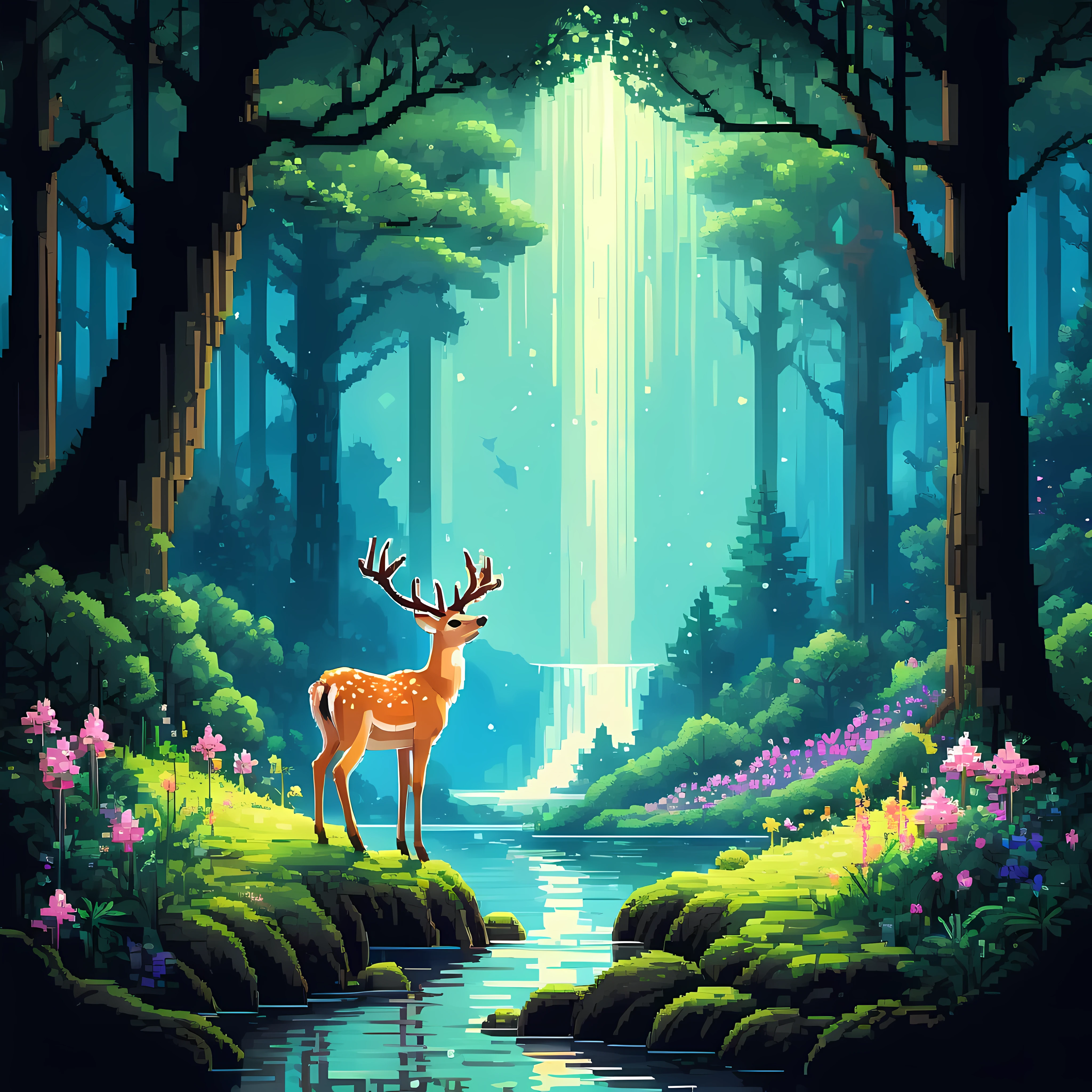 Cute pixel art illustration, masterpiece in maximum 16K resolution, superb quality, imagine an enchanting forest under a starlit sky, where ancient trees stand tall with twisted branches reaching towards the heavens, a majestic ((translucent deer)) moves gracefully through the moonlit shadows, soft moss covers the forest floor, dotted with delicate glowing flowers that emit a soft light, a gentle waterfall nearby. | ((More_Detail))