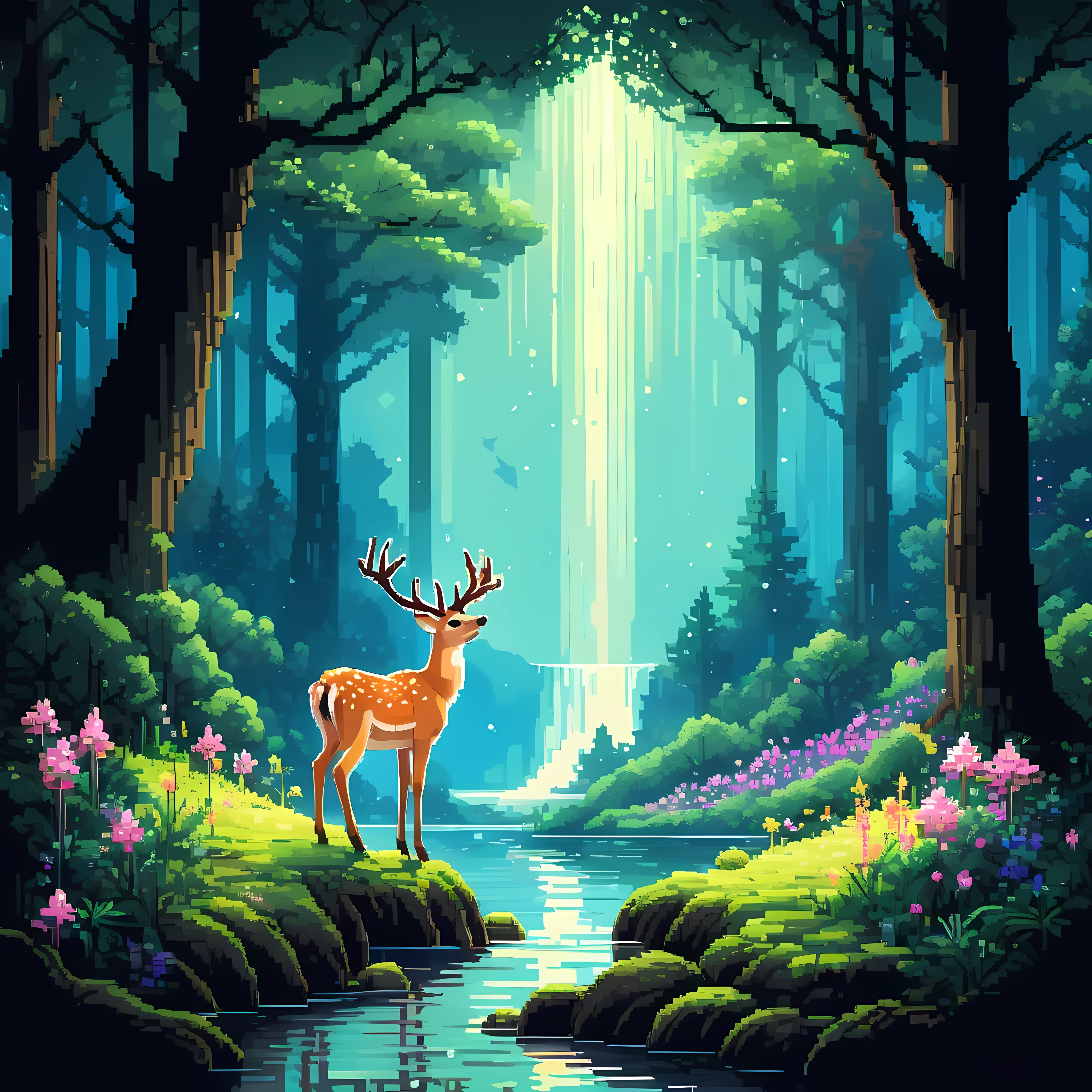 Illustration mignonne de pixel art, Chef-d&#39;œuvre en résolution maximale de 16K, Superbe qualité, imaginez une forêt enchantée sous un ciel étoilé, où les arbres centenaires se dressent avec des branches tordues s&#39;étendant vers le ciel, Un majestueux ((cerf translucide)) se déplace gracieusement à travers les ombres au clair de lune, de la mousse molle recouvre le sol forestier, parsemé de délicates fleurs lumineuses qui émettent une lumière douce, une douce cascade à proximité. | ((Plus_détail))