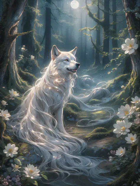 wolf. the celestial being continues to glide through the forest, their silver robes shimmering and rectifying the soft moonlight...