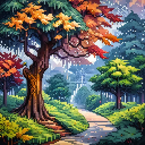 pixel art, pixel art maple tree, cubist painting, neo-cubism, layered overlapping geometry, art deco painting, dribbble, geometr...