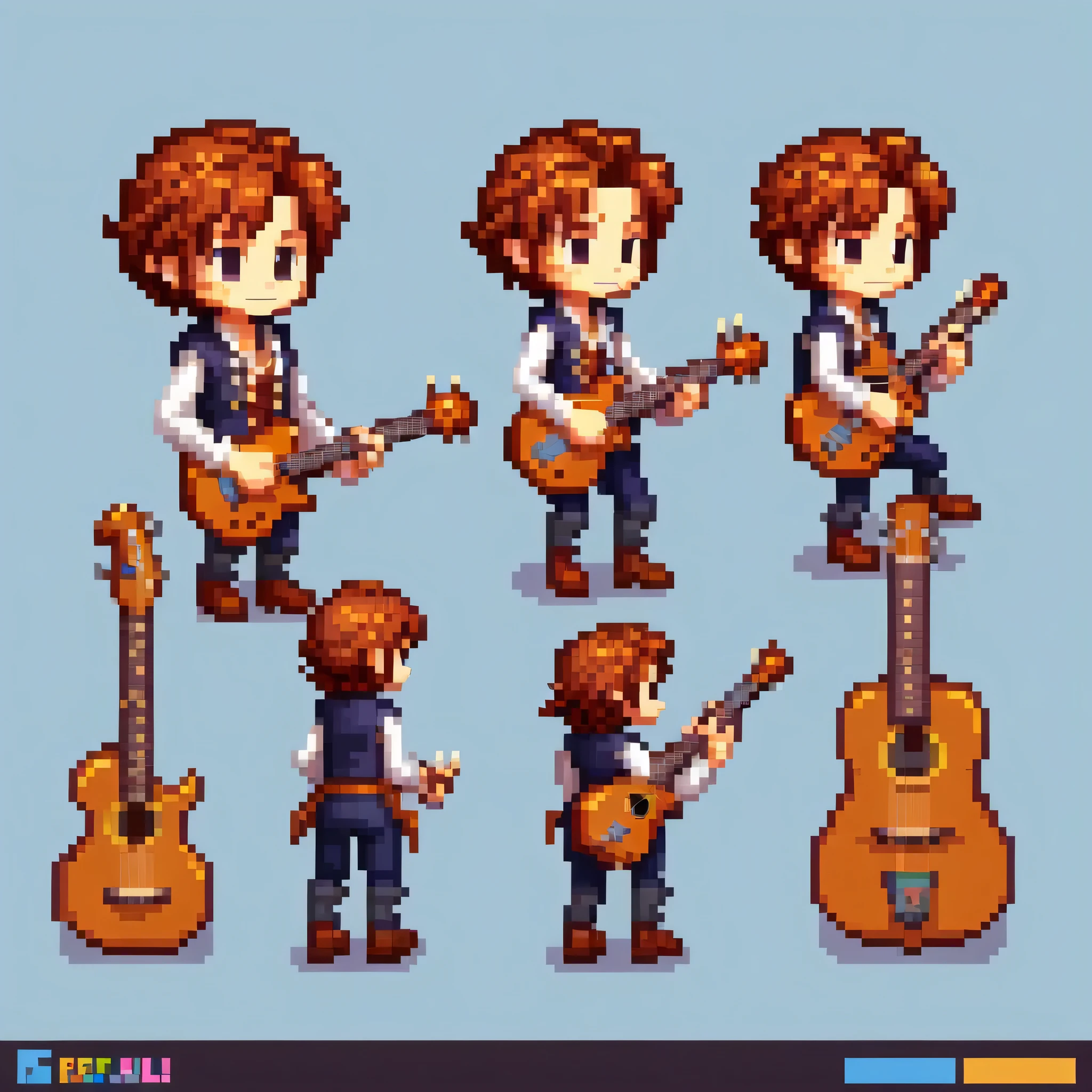 Pixel art,Pixel art,Create an original character design sheet,main character of the game,boy,juvenile,natural perm,,musical instrument,bard,Note,sing,play,((3 views,whole body, background,multiple views,High resolution)),multiple views,multiple poses,Active,action pose,dynamic,nice,cute,masterpiece,highest quality,In detail,Gracefully,RPG,Famicom,multiple characters,multiple costumes,Final Fantasy,boldly,effect icon,Item Icon