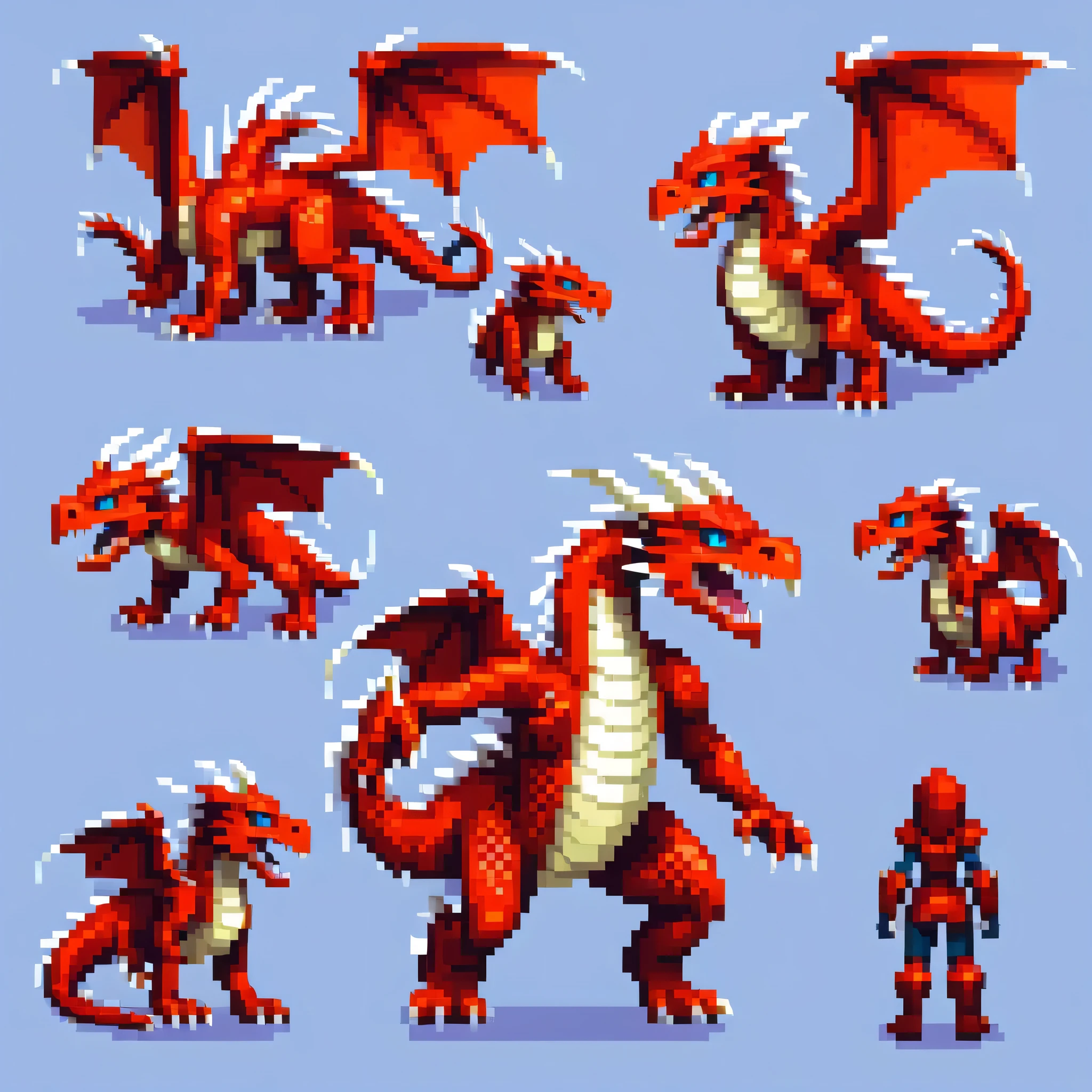 Pixel art,Pixel art,Create a character design sheet,dragon:dragonクエスト:monster:色んな種類のdragonを並べる,((3 views,whole body, background,multiple views,High resolution)),multiple views,multiple poses,Active,action pose,dynamic,nice,cute,masterpiece,highest quality,In detail,Gracefully,RPG,Famicom,multiple characters,multiple costumes,dragonクエスト,boldly,rich colors,colorful