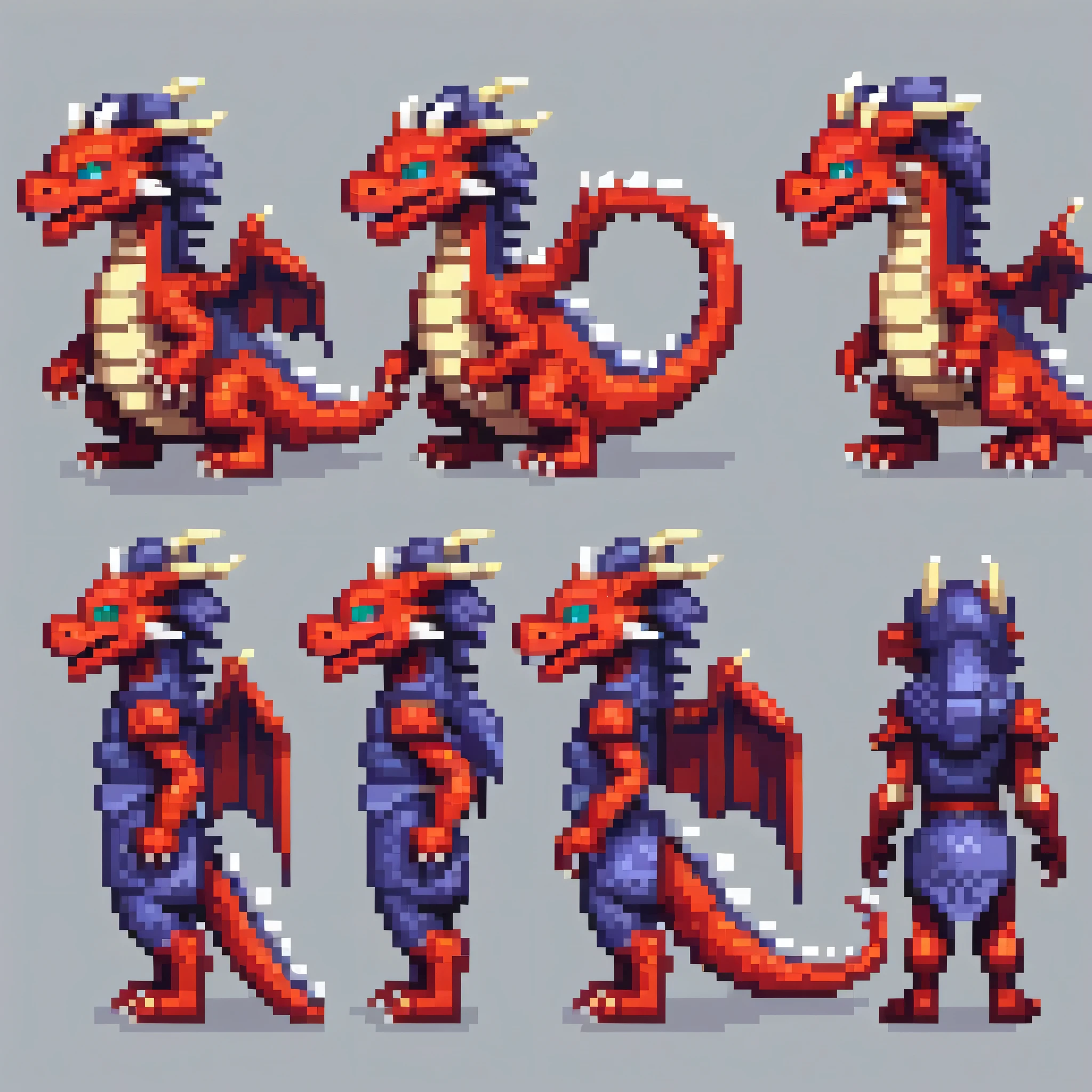 Pixel art,Pixel art,Create a character design sheet,dragon:dragonクエスト:monster:色んな種類のdragonを並べる,((3 views,whole body, background,multiple views,High resolution)),multiple views,multiple poses,Active,action pose,dynamic,nice,cute,masterpiece,highest quality,In detail,Gracefully,RPG,Famicom,multiple characters,multiple costumes,dragonクエスト,boldly,rich colors,colorful