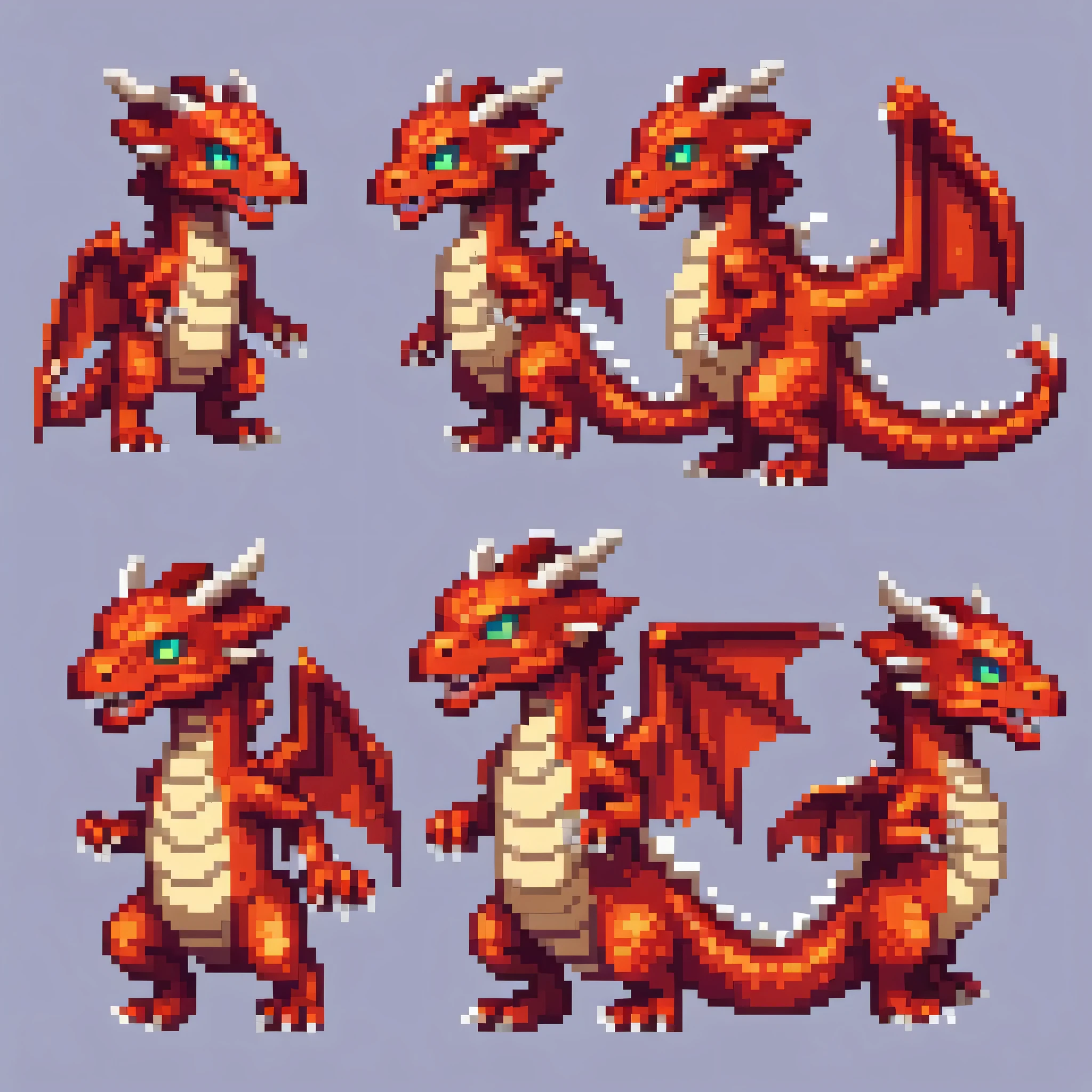 Pixel art,Pixel art,Create a character design sheet,dragon:dragonクエスト:monster:色んな種類のdragonを並べる,((3 views,whole body, background,multiple views,High resolution)),multiple views,multiple poses,Active,action pose,dynamic,nice,cute,masterpiece,highest quality,In detail,Gracefully,RPG,Famicom,multiple characters,multiple costumes,dragonクエスト,boldly,rich colors,colorful