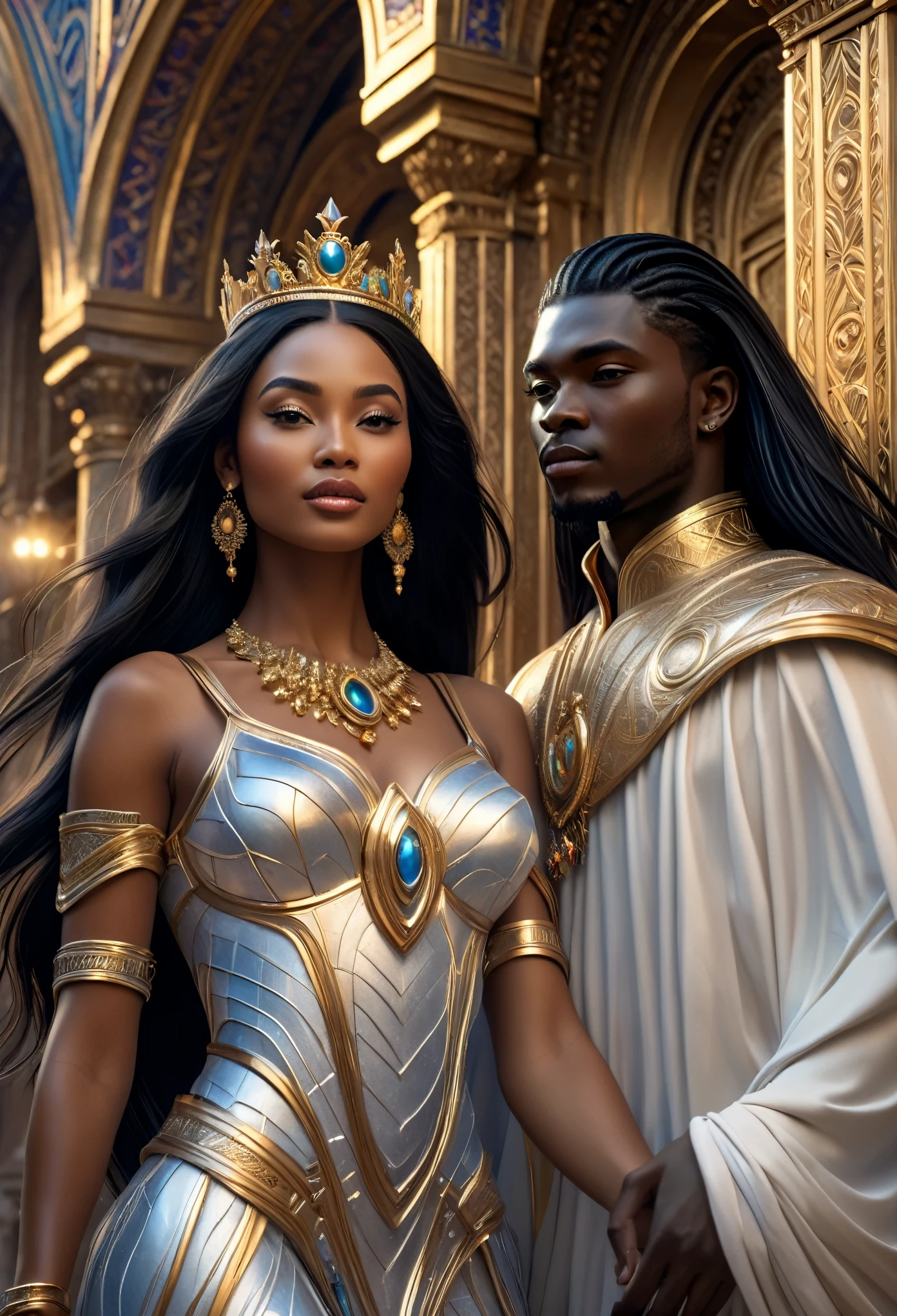 Novel in futurist kingdom of Mali, a beautiful young darkskin couple with (((a long black hair young queen))) with (((a young imperial king with long black hair))), with desire, hot couple, (((very beautiful))), perfect faces, whole body, romantic scene, romantic Way, sexy couple, 8K, extremely detailed, (high quality, realistic, photorealistic: 1.37), Full body, ideal proportions and defined complexion, meticulously crafted features, unreachable beauty, perfection, artistic masterpieces, vivid realism, hyper-detailed sculptures, life-like forms, truly awe-inspiring, impeccable craftsmanship, pure radiance, ethereal beauty, delicate contours, striking poses, sublime beauty, subtle nuances, dynamic compositions, vibrant colors, perfect lighting, soulful expressions, celestial aura, majestic presence, dreamlike atmosphere, unmatched gdetailed octane render trending on artstation, 8 k artistic photography, photorealistic concept art, soft natural volumetric cinematic perfect light, chiaroscuro, award - winning photograph, masterpiece, oil on canvas, beautiful detailed intricate insanely
