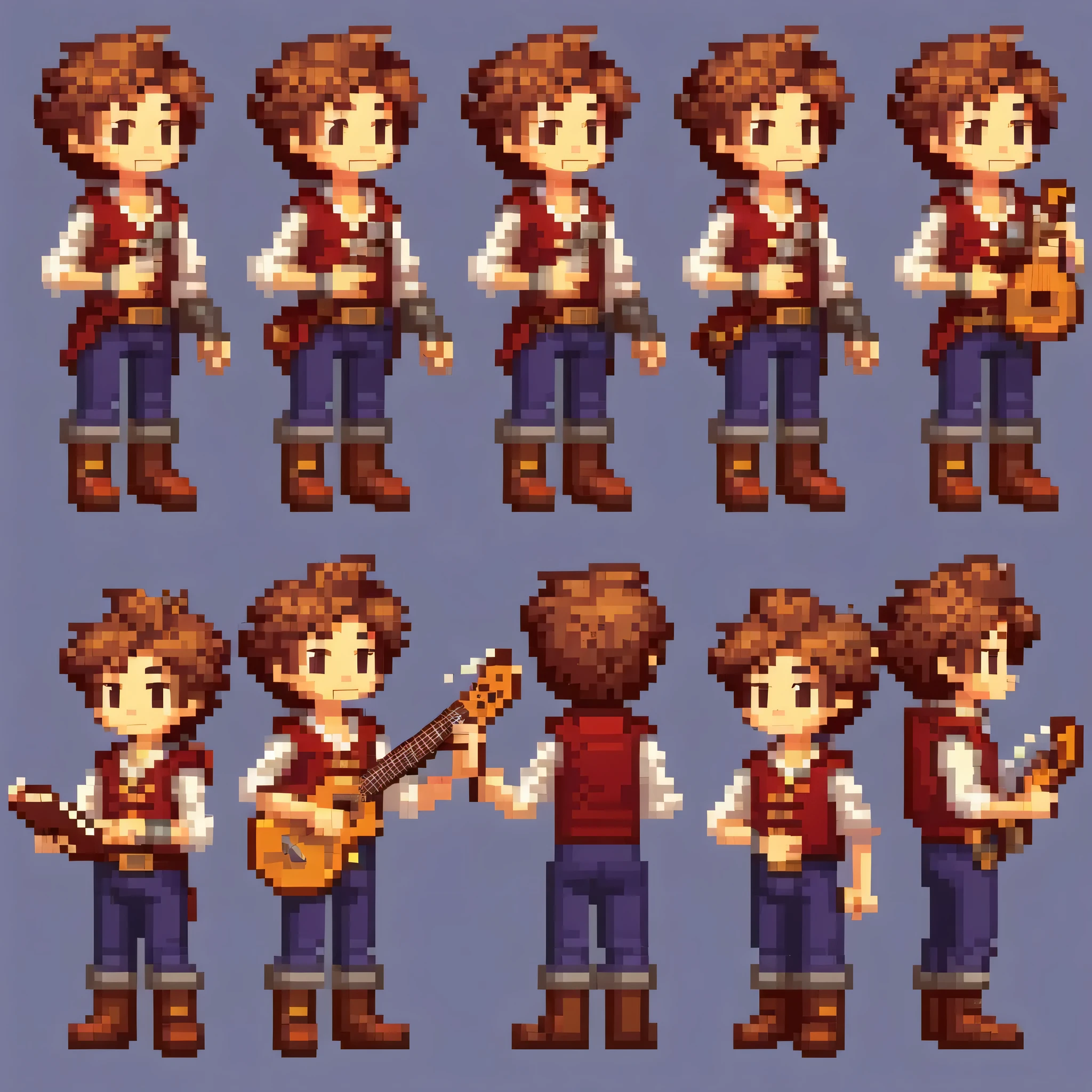 Pixel art,Pixel art,Create an original character design sheet,main character of the game,boy,juvenile,natural perm,,musical instrument,bard,Note,sing,play,((3 views,whole body, background,multiple views,High resolution)),multiple views,multiple poses,Active,action pose,dynamic,nice,cute,masterpiece,highest quality,In detail,Gracefully,RPG,Famicom,multiple characters,multiple costumes,Final Fantasy,boldly,effect icon,Item Icon
