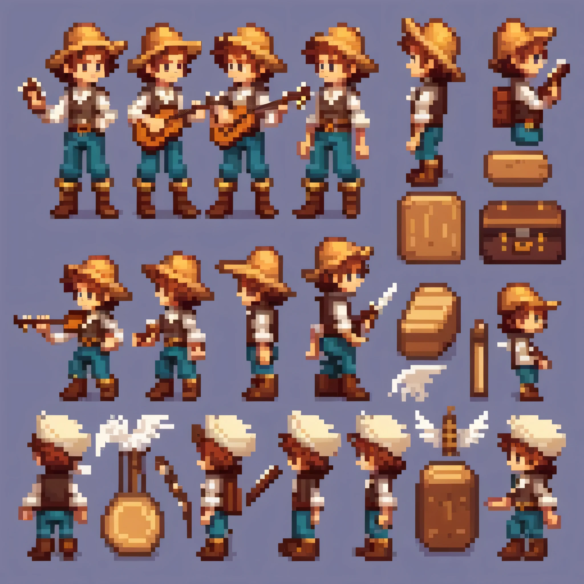 Pixel art,Pixel art,Create an original character design sheet,main character of the game,boy,juvenile,natural perm,,musical instrument,bard,Note,sing,play,((3 views,whole body, background,multiple views,High resolution)),multiple views,multiple poses,Active,action pose,dynamic,nice,cute,masterpiece,highest quality,In detail,Gracefully,RPG,Famicom,multiple characters,multiple costumes,Final Fantasy,boldly,effect icon,Item Icon