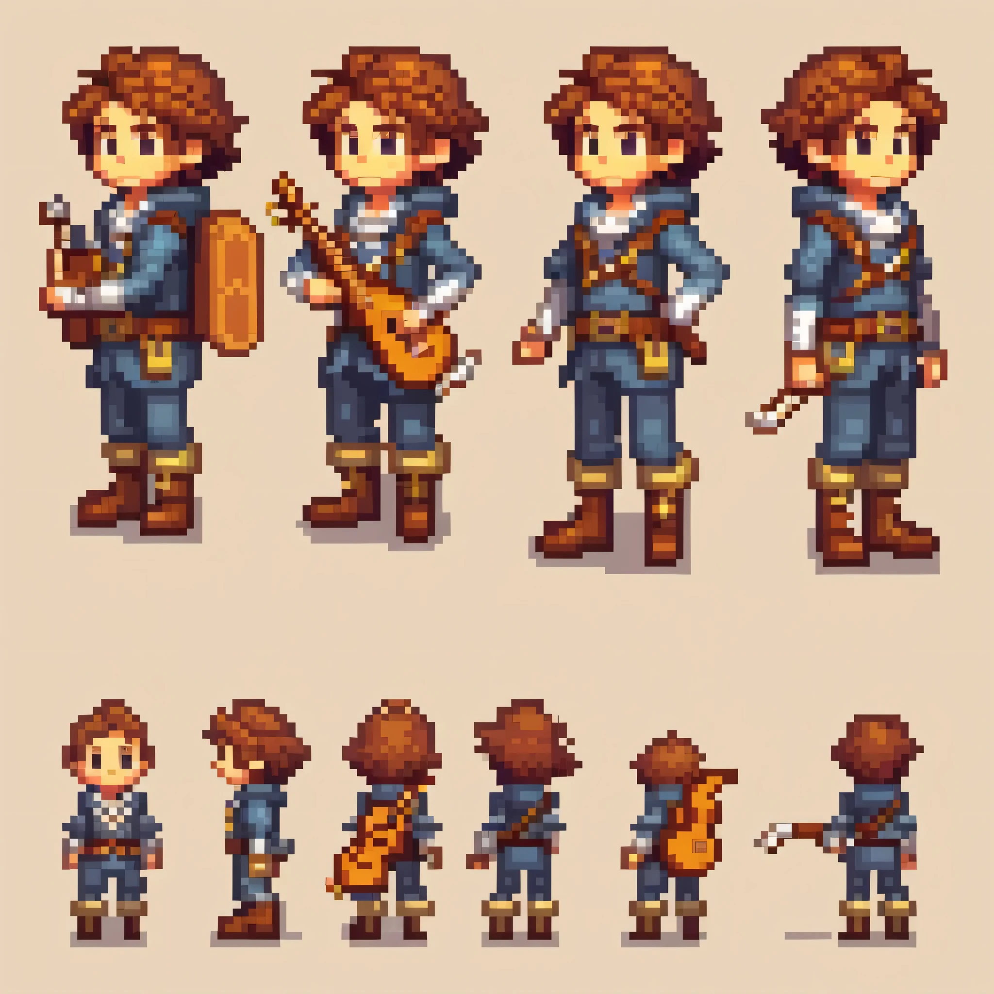 Pixel art,Pixel art,Create an original character design sheet,main character of the game,boy,juvenile,adventurer&#39;clothing,natural perm,musical instrument,bard,((3 views,whole body, background,multiple views,High resolution)),multiple views,multiple poses,Active,action pose,dynamic,nice,cute,masterpiece,highest quality,In detail,Gracefully,RPG,Famicom,multiple characters,multiple costumes,Final Fantasy,boldly,